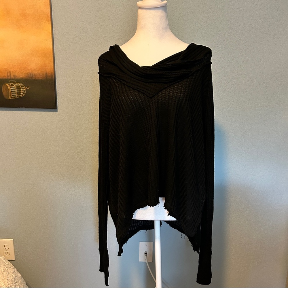 WE THE FREE Oversized Black Cowl Neck Waffle Top w/Asymmetrical Hem Whimsigoth L